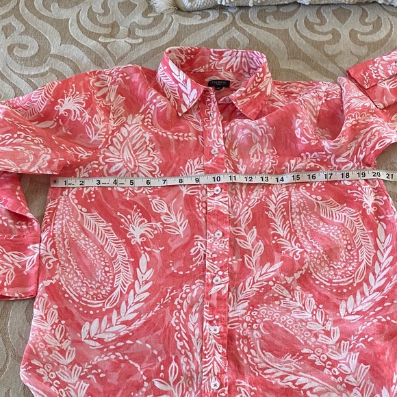 **Talbots Medium Petite Linen Button-Down Shirt - Coral Paisley Print - Picture 5 of 8
